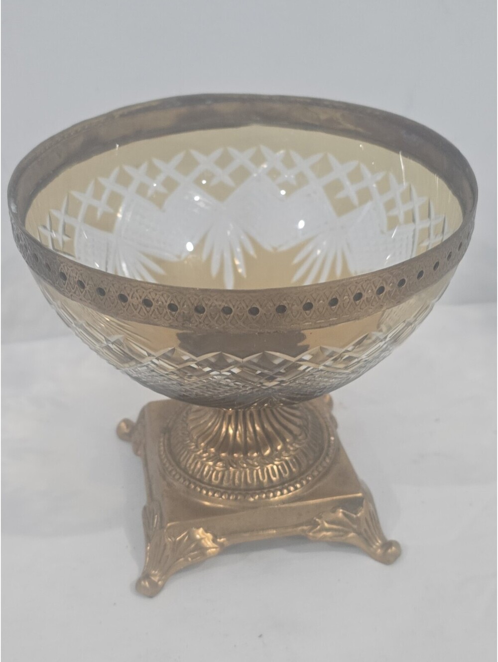 Cut Glass Pedestal Bowl Brass Tone Ornate Metal Base Decorative Compote Dish